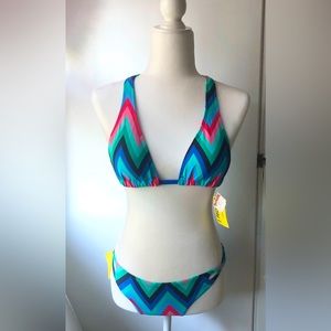 Aerie 2 Piece Bikini Strappy Cross Back Top Flame Stitch Design Blue Size Small